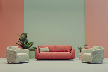 Coral sofa and geometric armchairs energize sage and mauve walls, redefining Japandi design. - obrazy, fototapety, plakaty