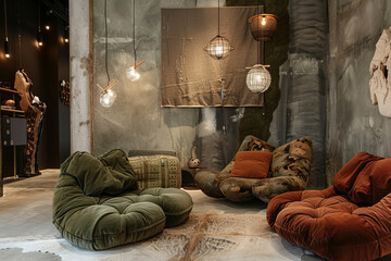 Cozy space with olive green and burnt sienna tones, asymmetrical furniture, and unique lights.