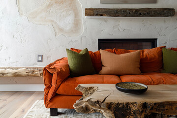 Crosscut oak log coffee table, burnt orange sofa, olive pillows, white stucco wall, Japandi room, recessed fireplace.