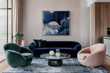 Emerald sofa commands navy and blush, sculptural armchairs in a Japandi layout.