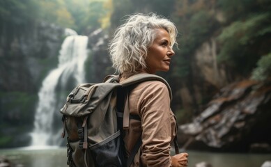 a old woman with gray hair in a vest with a backpack against the backdrop of a waterfall. active old age, travel. vacation - obrazy, fototapety, plakaty
