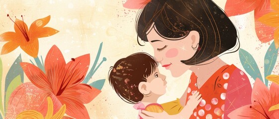 Illustration of mother with her little child, flower in the background.