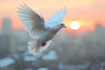 White dove spreads its wings wide as it flies against a soft sunrise, with blurred cityscape in the background - obrazy, fototapety, plakaty