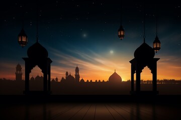 Silhouette of a mosque at night with a full moon in the background