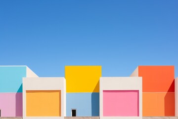 A multicolored building with a blue sky in the background