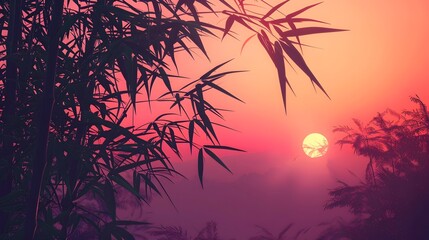 Bamboo silhouette and landscape. Beautiful art background of plant leaves.