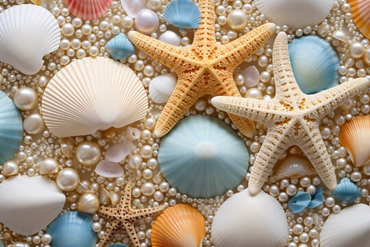 Seashells and Pearls Background, Seashells and Pearls Wallpaper, Pearls Background, Seashells Wallpaper, Seashells Pattern, AI Generative