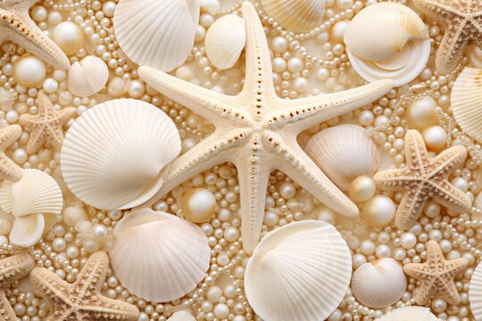 Seashells and Pearls Background, Seashells and Pearls Wallpaper, Pearls Background, Seashells Wallpaper, Seashells Pattern, AI Generative
