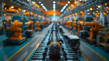 a conveyor belt in a factory filled with lots of machinery - obrazy, fototapety, plakaty