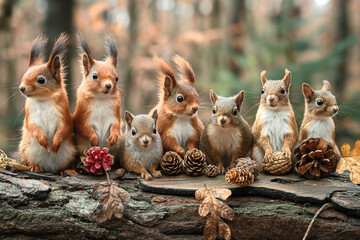 Wiewiórki w rzędzie w lesie - obrazy, fototapety, plakaty