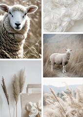 Set of five photos in theme of Sheepskin, interior design, minimalism, soft wool, beautiful decoration, winter landscapes, dried flowers. Sheeps face closeup, and full body shot. Pampas and ceramics.