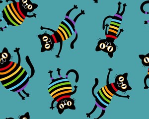 Cartoon black cats seamless rainbow lgbt stripes pattern for wrapping paper and fabrics and linens and clothes and pride