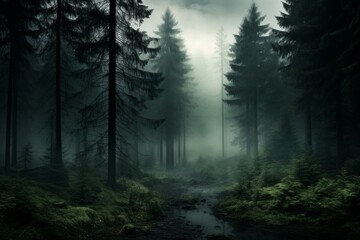 Enigmatic and mysterious wallpaper background with a fog-covered forest