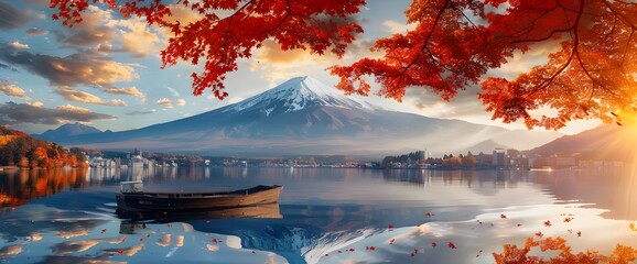 Fuji mountain landscape for background. Landscape of view the Mount Fuji and Bright red maple in...