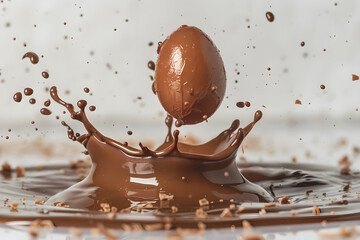 Chocolate egg falling on liquid chocolate with white background