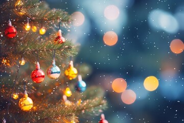 Obraz na płótnie Canvas Festive bokeh lights on Christmas tree in sparkle night