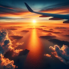 Airplane view, sunset over the clouds