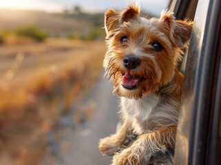 Sunset Ride: Joyful Dog on Desert Road Trip. Generative AI