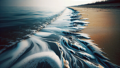 Close-up of the shoreline on an empty beach, showing chemical pollution residue - obrazy, fototapety, plakaty