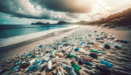 Wide shot of a deserted beach strewn with plastic bottles and bags, illustrating the scale of pollution - obrazy, fototapety, plakaty