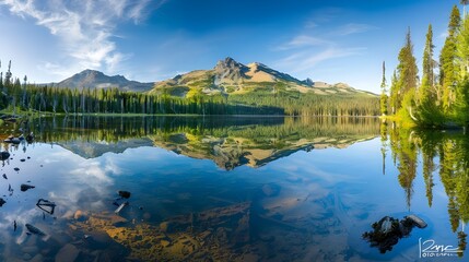 A panoramic view of a mountain peak with reflection in a lake at sunrise. Nature landscape panorama on a sunny day.