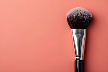Professional Photo of Makeup Brush on Light Peach Background with Centered Composition and Copy Space. Concept Product Photography, Makeup Brush, Peach Background, Centered Composition, Copy Space