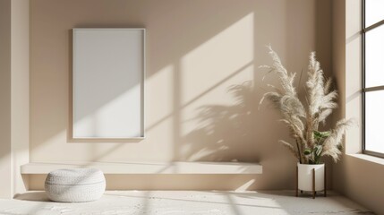 minimal neutral beige interior with frame mockup on wall
