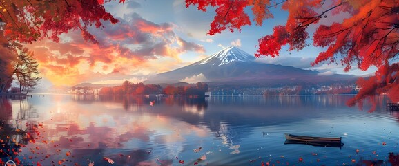 Fuji mountain and Red Maple Leaves in autumn at Kawaguchiko lake, Japan