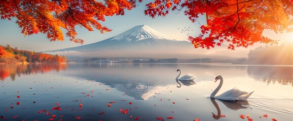 Beautiful of colorful autumn season and Mountain Fuji background. Mountain Fuji with morning fog and red leaves at lake.