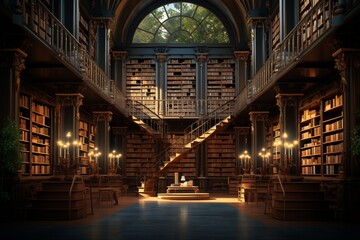 Library interior with rows of books, an oasis of knowledge and exploration - obrazy, fototapety, plakaty