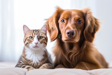Cat and dog looking in the camera on a white background - generative ai