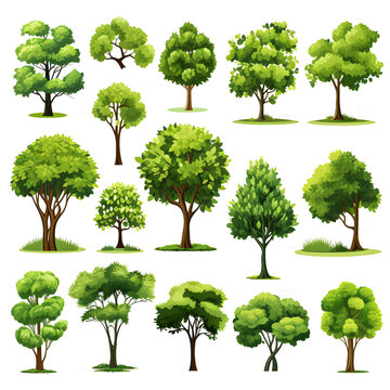 Clipart illustration, set of green trees on white background. Suitable for crafting and digital design projects.[A-0010]