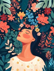 Woman with flowers. Concept of mothers day illustration.
