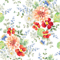 Dahlia, rose, red nasturtium, blue flowers, green leaves, white background. Floral illustration. Vector seamless pattern. Botanical design. Nature garden plants. Summer bouquets