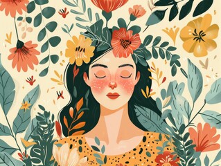 Woman with flowers. Concept of mothers day illustration.