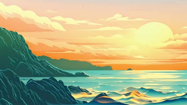 Landscape and sea vector illustration in orange