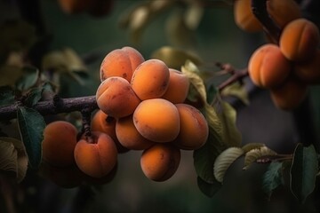 A cluster of ripe apricots hanging from a tree in a vibrant display of abundance