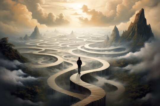 A painting of a man standing on a bridge in the middle of a maze