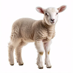 Naklejka na ściany i meble young lamb, standing with an endearing expression, looking directly at the viewer isolated on white background