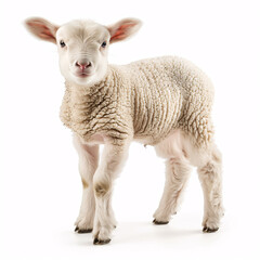  young lamb, standing with an endearing expression, looking directly at the viewer  isolated on white background