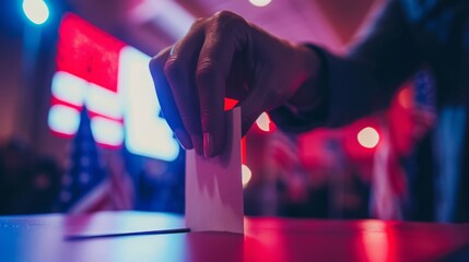 Shallow depth of field (selective focus) image with the hand of a person voting in the US presidential elections. - obrazy, fototapety, plakaty