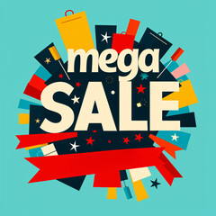 This vibrant graphic announces a 'Mega Sale' in bold, exciting typography set against a cosmic backdrop of shopping bags and abstract shapes