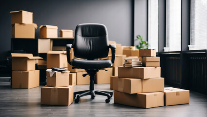 Stack of cardboard boxes with stuff and office chair