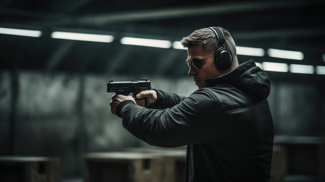 Focused Man Practicing Firearms Training at Shooting Range