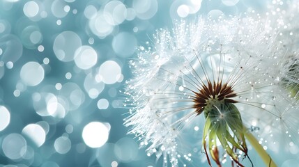 flower fluff, dandelion seeds with dew dop - beautiful macro photography with abstract bokeh background
