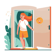 Smiling young woman closes solarium cabin door flat