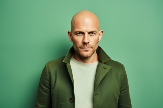 Portrait of a handsome bald man in a green jacket on a green background.