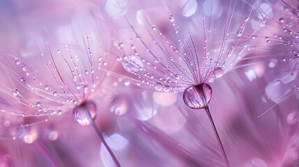 flower fluff, dandelion seeds with dew dop - beautiful macro photography with abstract bokeh background
