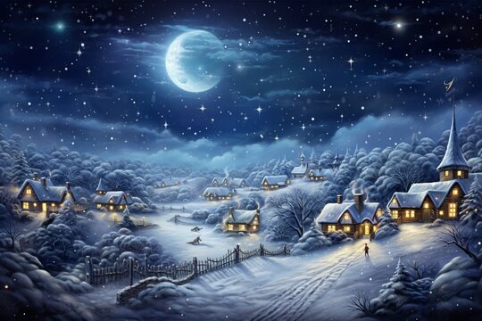Winter wonderland scene with snow covered houses and a starry night sky
