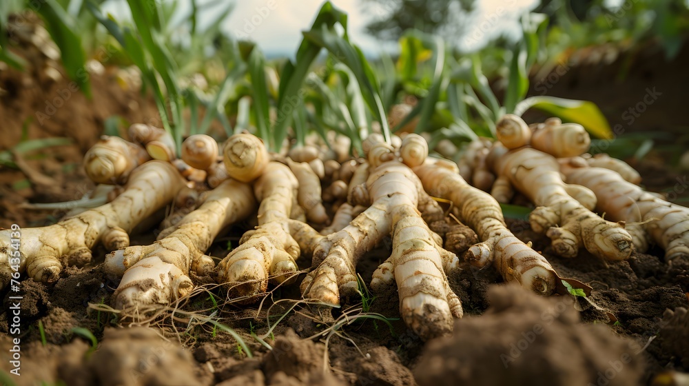 Wall mural Ginger Zingiber officinale roots on ground , nature bio ginger harvest
